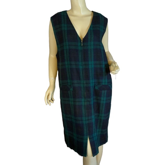 VINTAGE 1990'S SAG HARBOR BLUE & GREEN PLAID WOOL BLEND JUMPER DRESS (14) - Picture 2 of 12